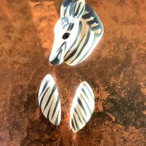 Carol Halmy Signed Zebra Brooch Pin and Earrings Vintage